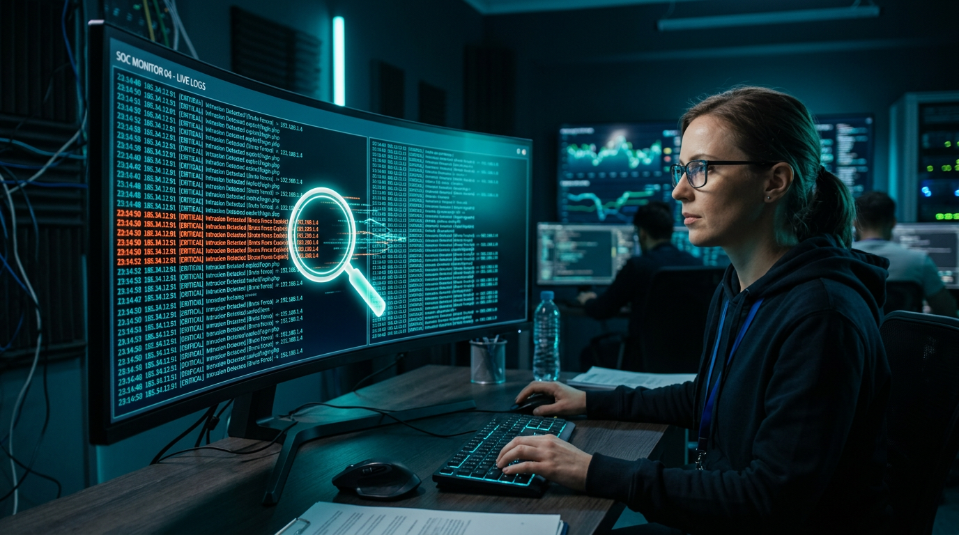 Security analyst studying server log entries for intrusion patterns on a large monitor