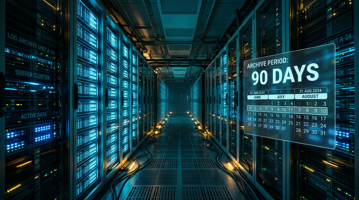 Server room with glowing archive shelves of digital log files and a 90-day calendar