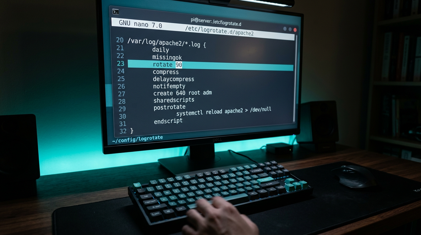 Linux terminal showing log rotation configuration with rotate 90 highlighted