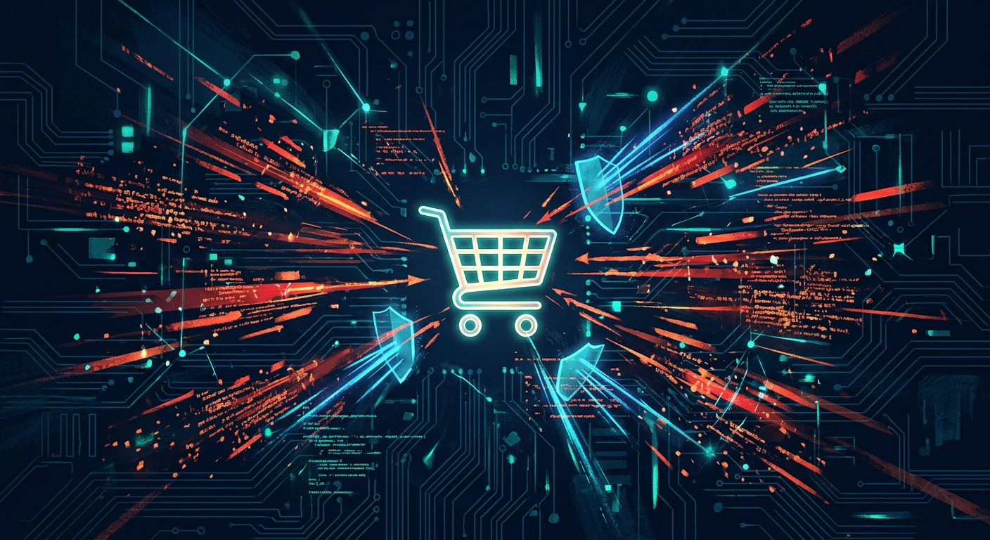 Illustration of a shopping cart overwhelmed by automated request streams
