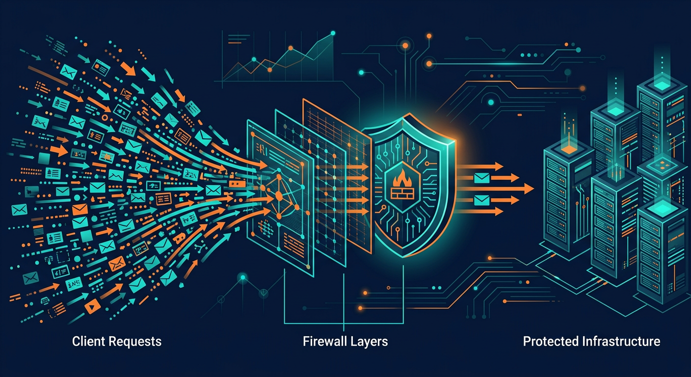 Illustration of a firewall filtering a flood of API requests at the network edge