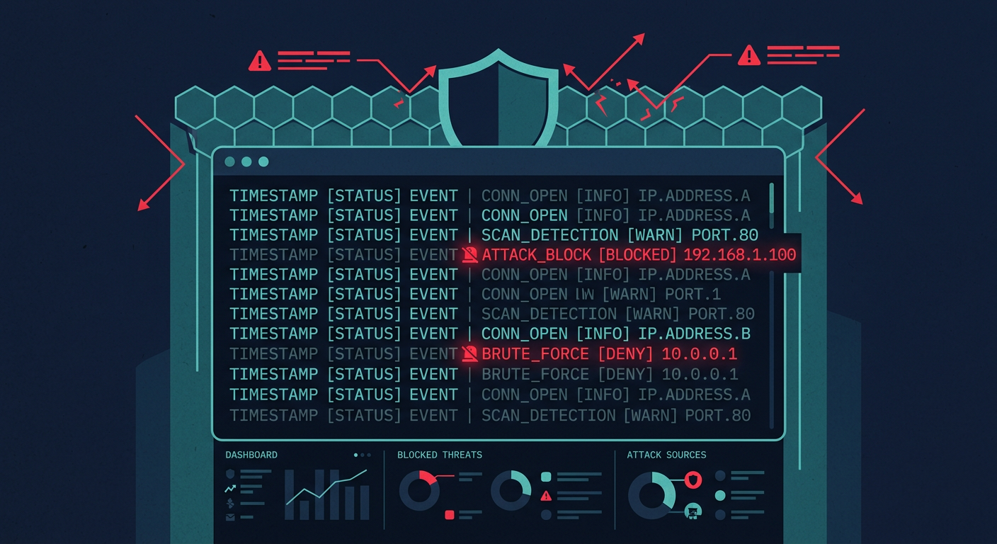 Illustration of a server firewall blocking attacking IP addresses at the kernel layer
