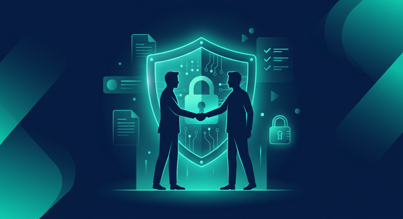 Illustration of a welcoming handshake over a glowing digital security shield