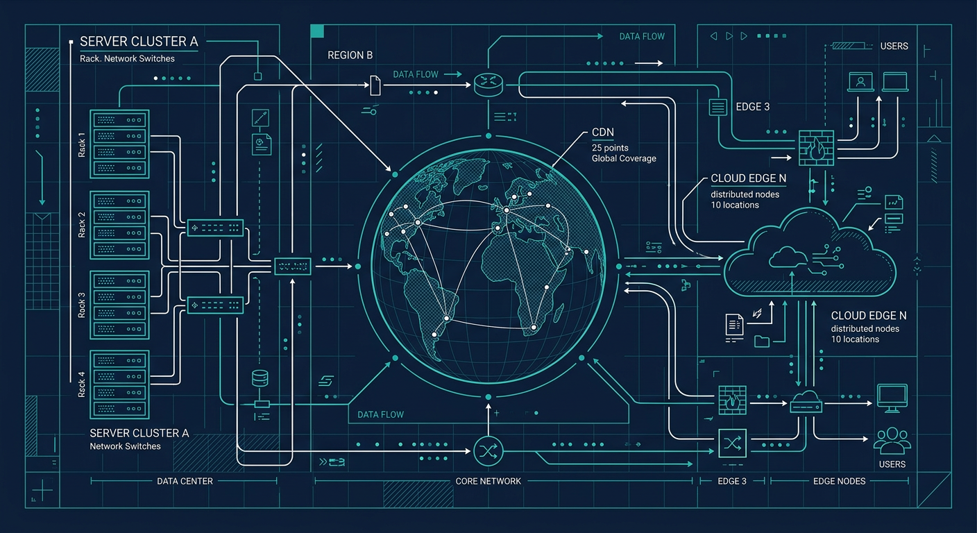 Illustration of a network architecture blueprint with servers and CDN edge
