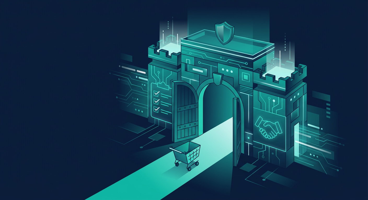 Illustration of a digital fortress with an open gate welcoming a shopping cart