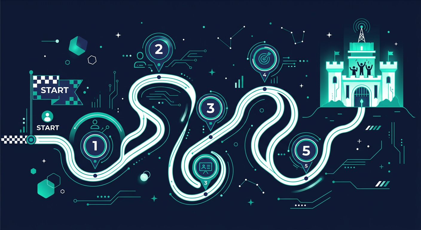 Illustration of a week-by-week onboarding roadmap leading to a fortress