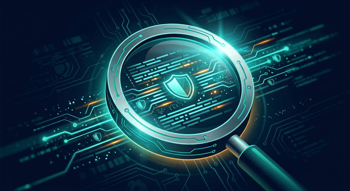 Illustration of a magnifying glass scanning glowing server access logs with a shield