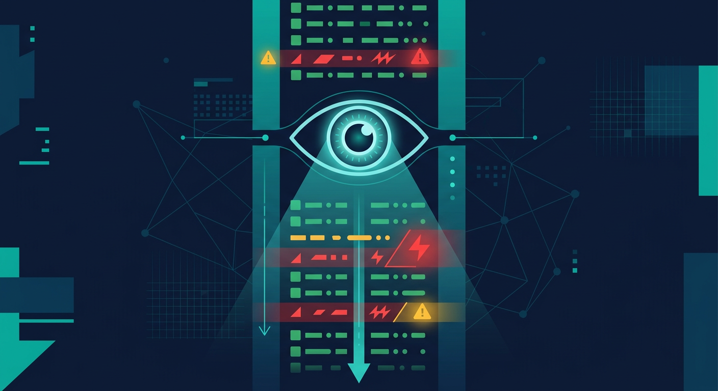 Illustration of a server access log stream scanned for malicious requests