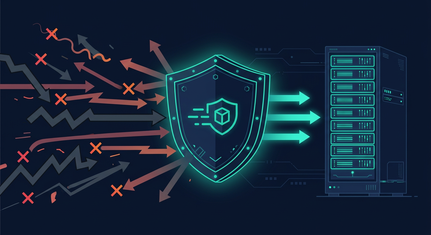 Illustration of a firewall shield filtering traffic before it reaches a server