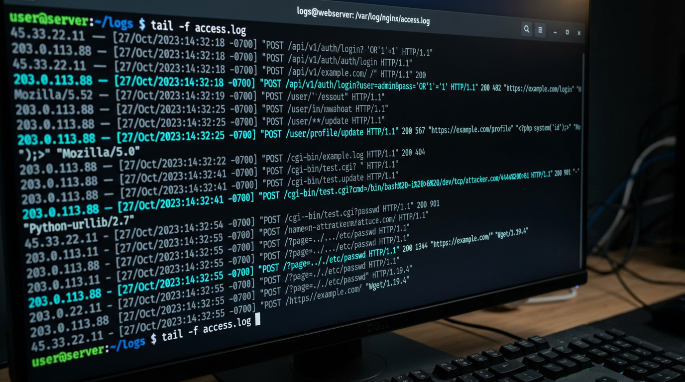 Terminal screen showing server access logs with suspicious request entries highlighted