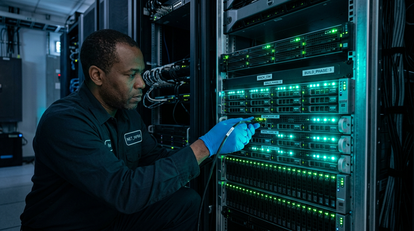 Technician rebuilding a clean server rack with fresh status lights