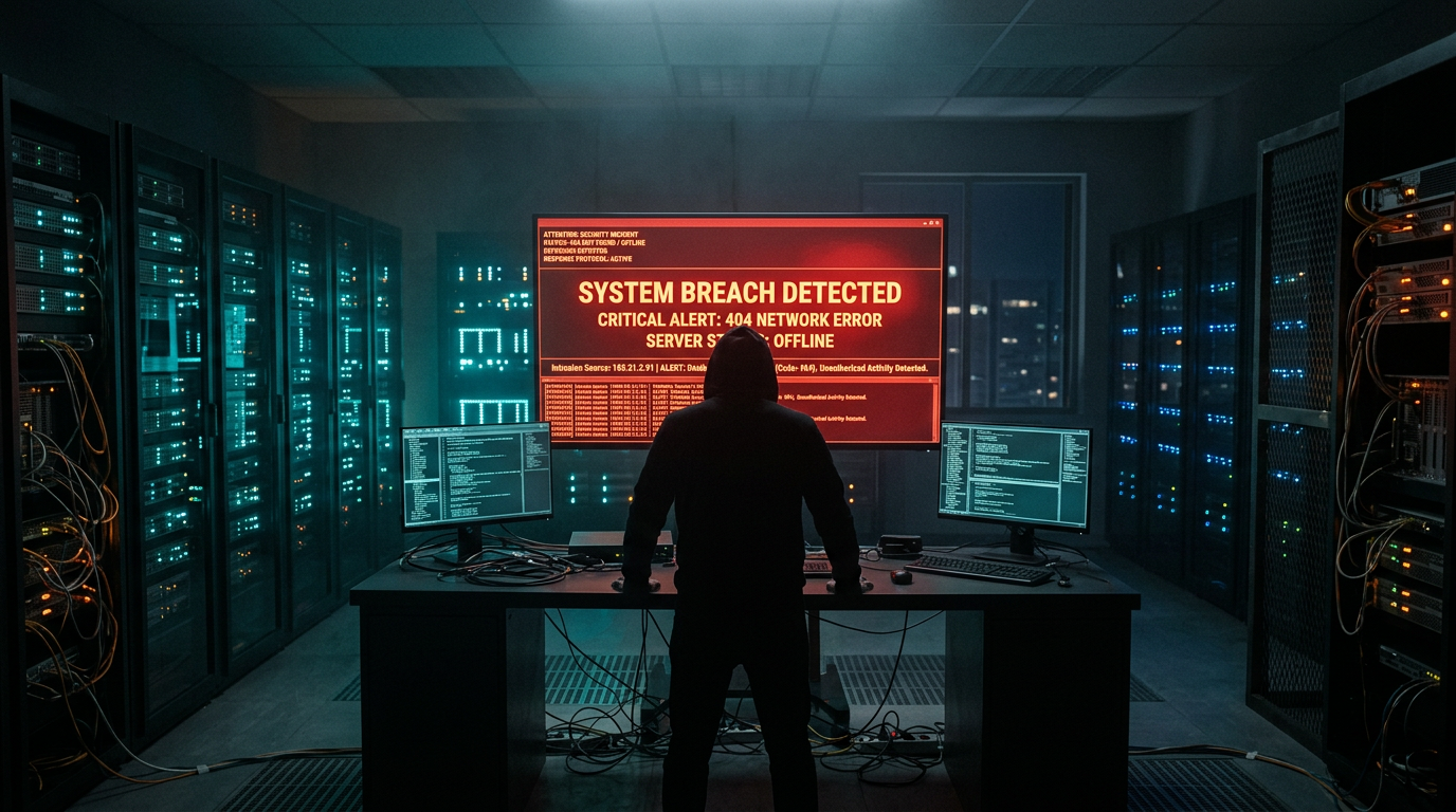 E-commerce engineer facing a dark server room screen showing breach alerts