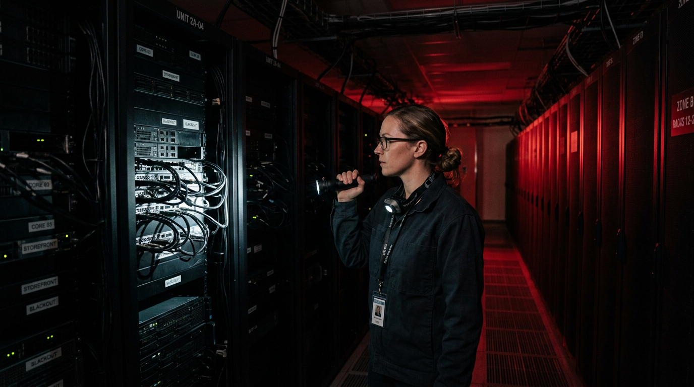 Engineer with a flashlight in a dark server room during a total outage