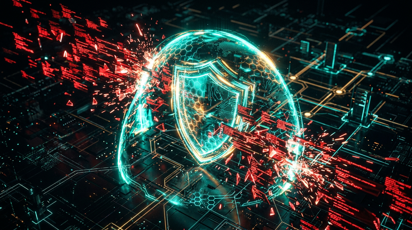 Digital firewall shield deflecting malicious data packets at the network edge