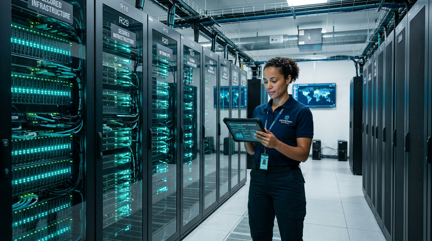 IT professional reviewing a security dashboard in a modern data center