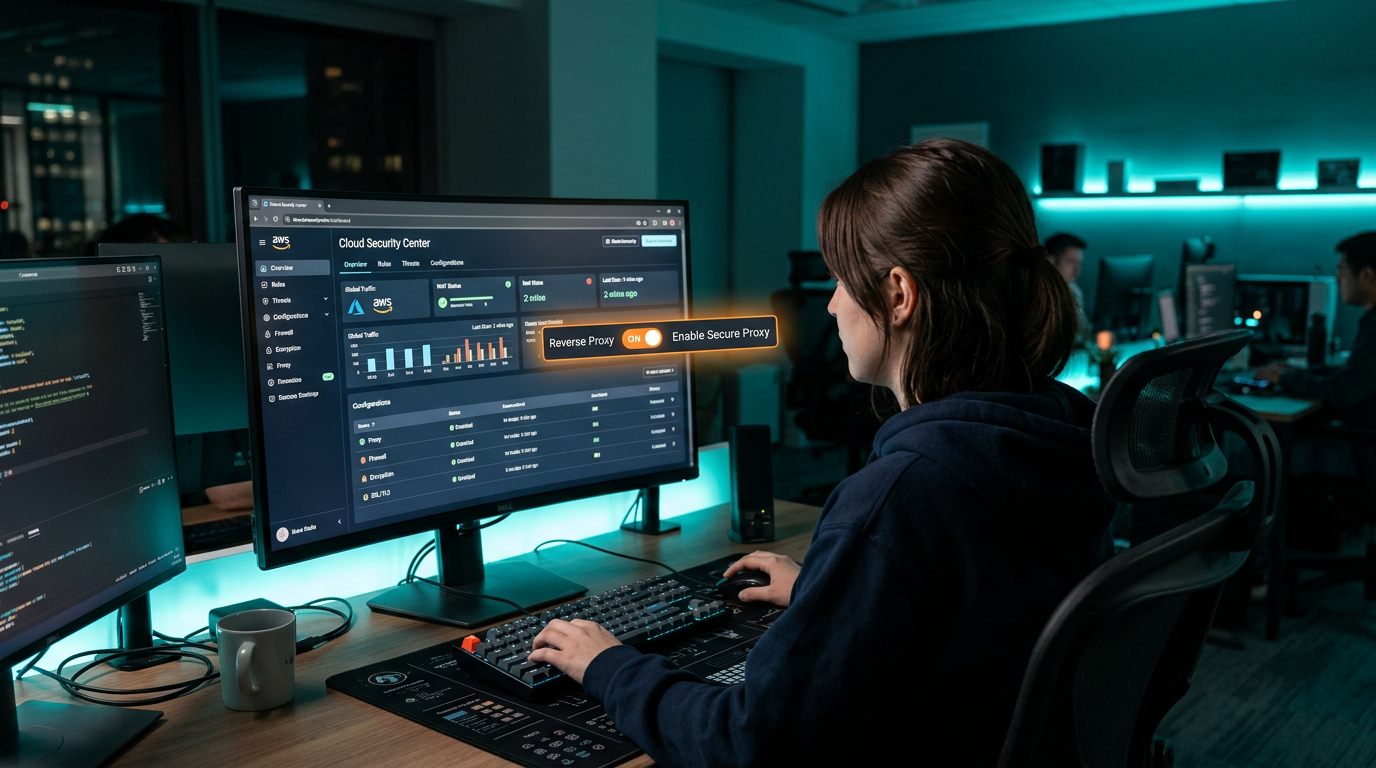 Person configuring a cloud security dashboard with an orange proxy toggle