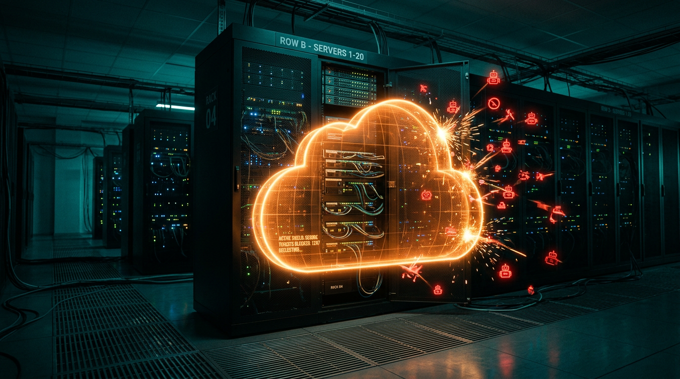 Glowing cloud-shaped shield deflecting bot icons in front of a server rack