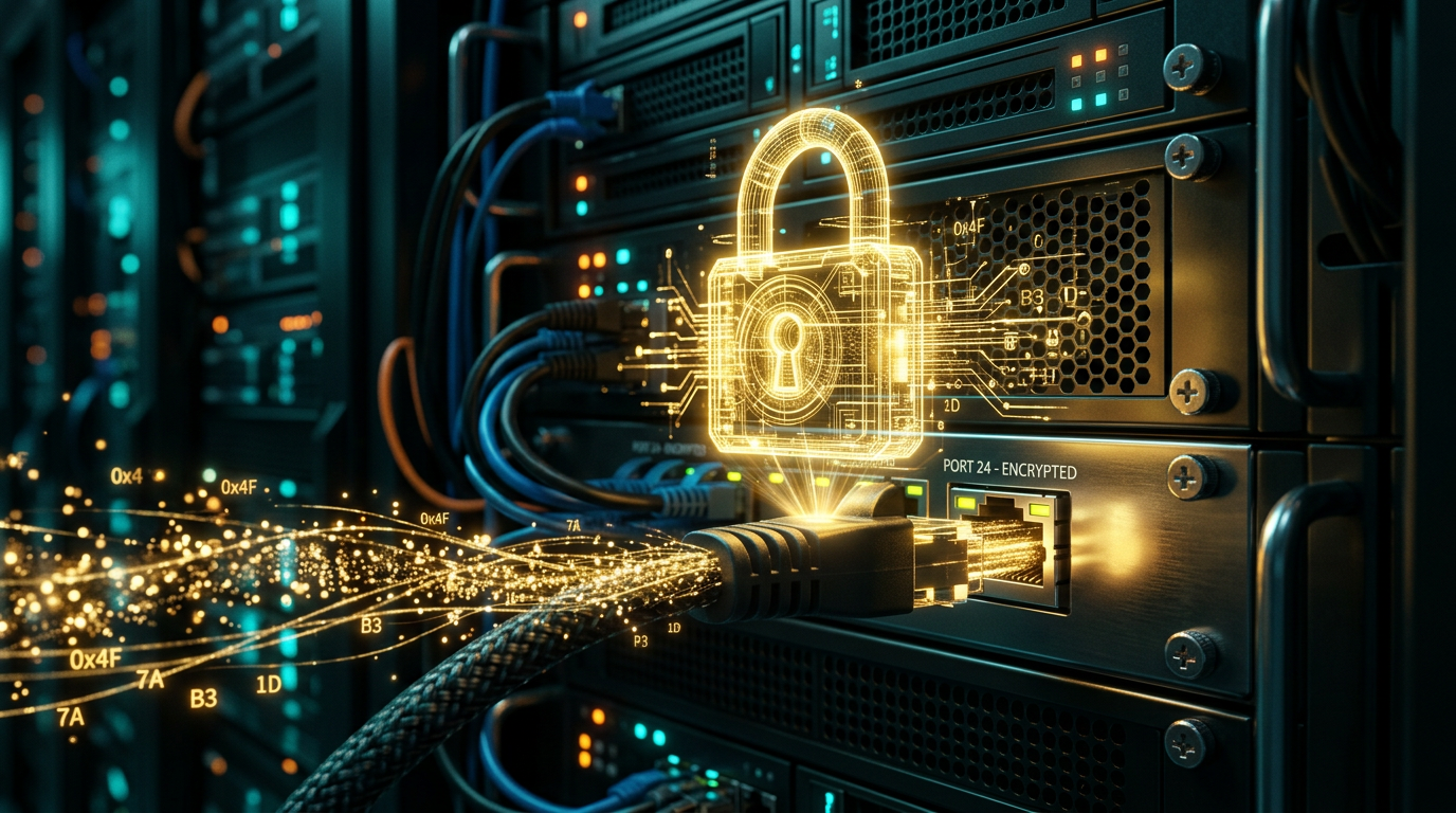 Glowing padlock hologram above a network cable with encrypted data streams